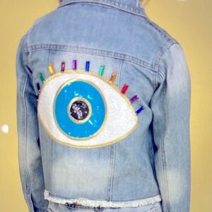 Lola + The Boys Denim Jacket with Vibrant Eye Design and Gem Stone Buttons